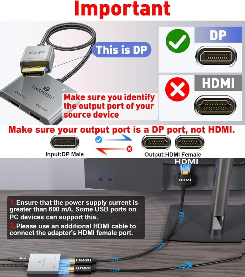 THANDBLE DisplayPort to Dual HDMI Adapter (4K@60Hz) DP to HDMI Splitter for Dual Monitors Extended Display MST Display Port 1 in 2 Out Hub for PC, Graphics Card - Image 2
